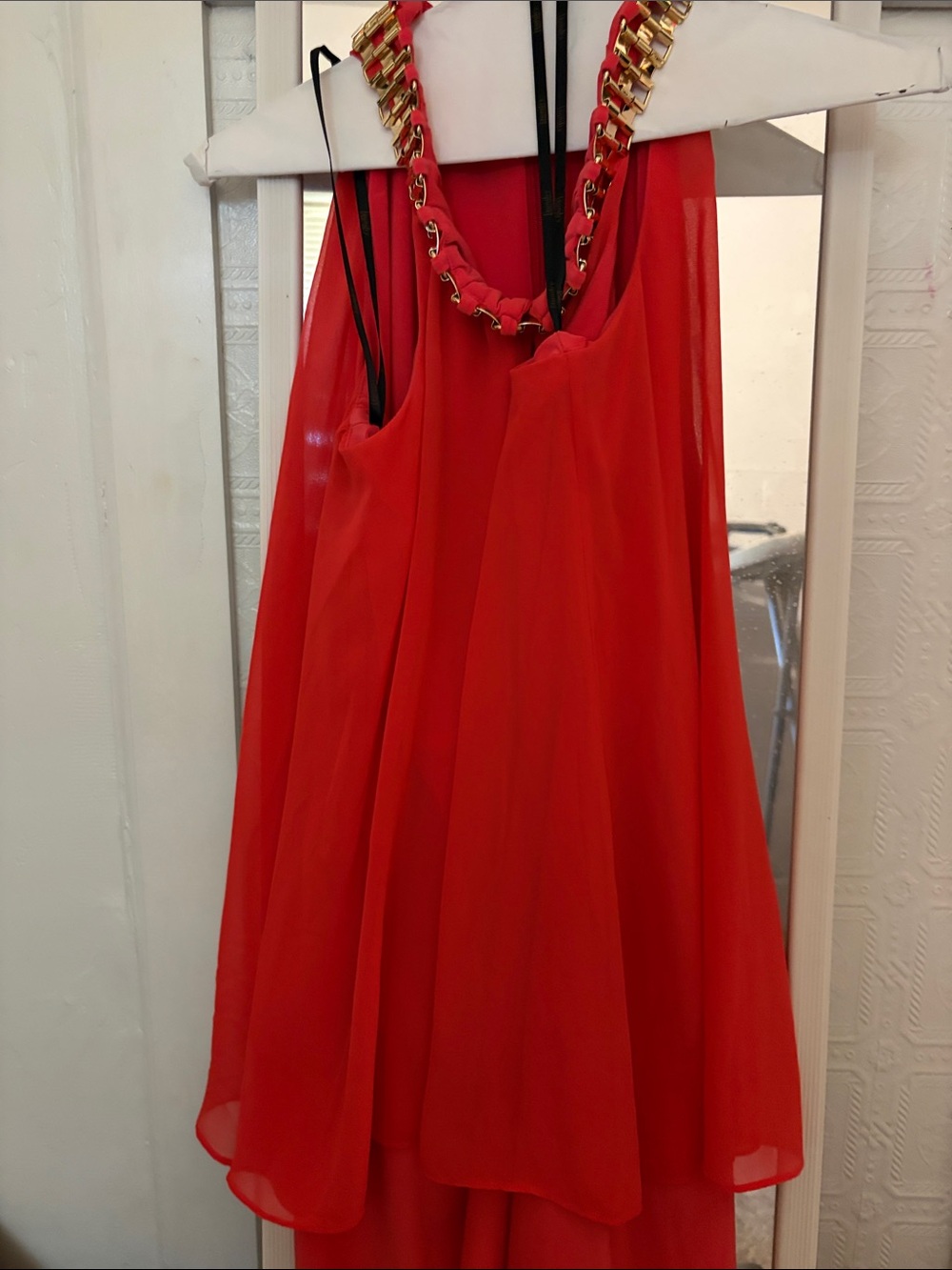 Pink Chiffon Party Dress with Gold Chain Trim